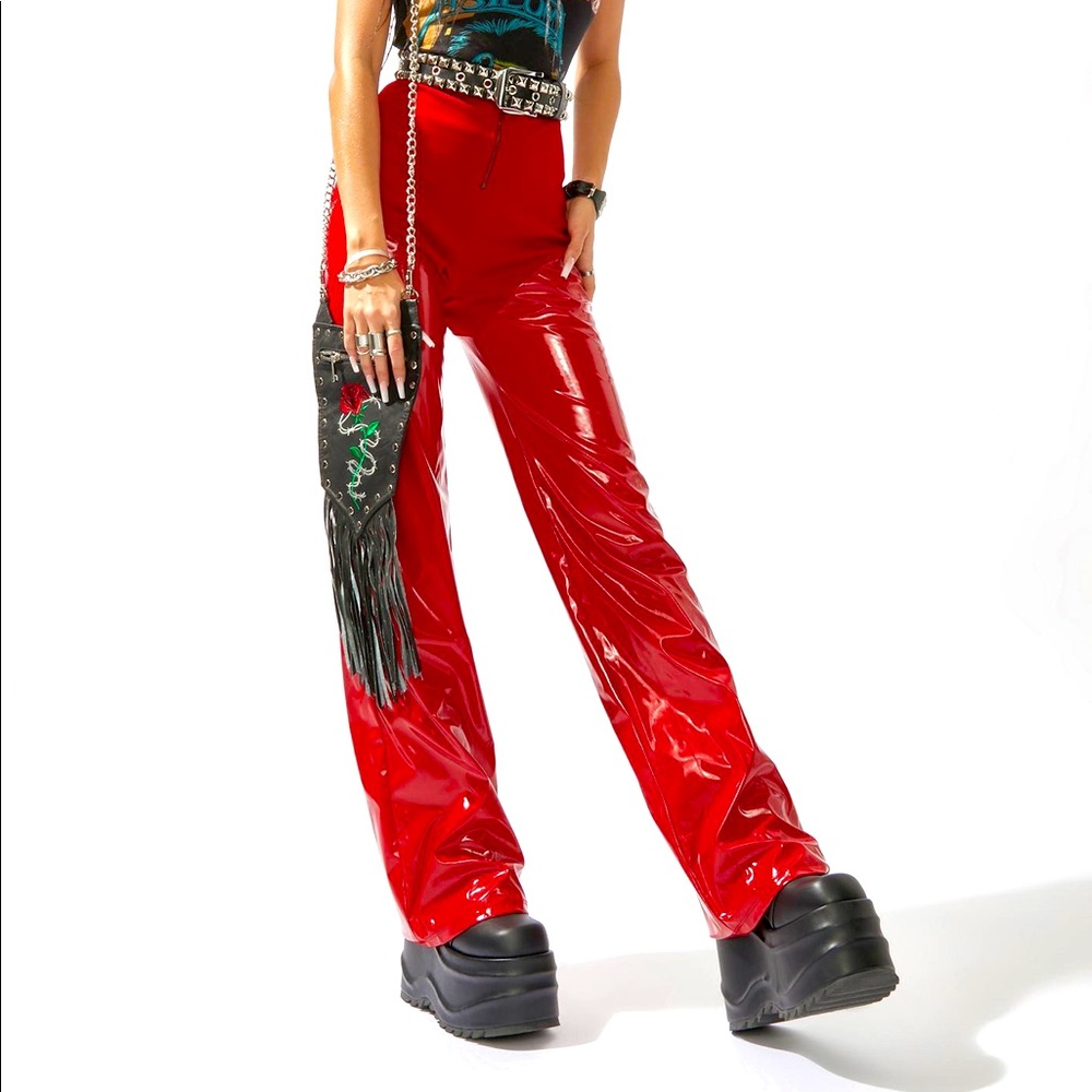 SIZZLING RED VINYL HIGH WAISTED PANTS  DOLLS KILL